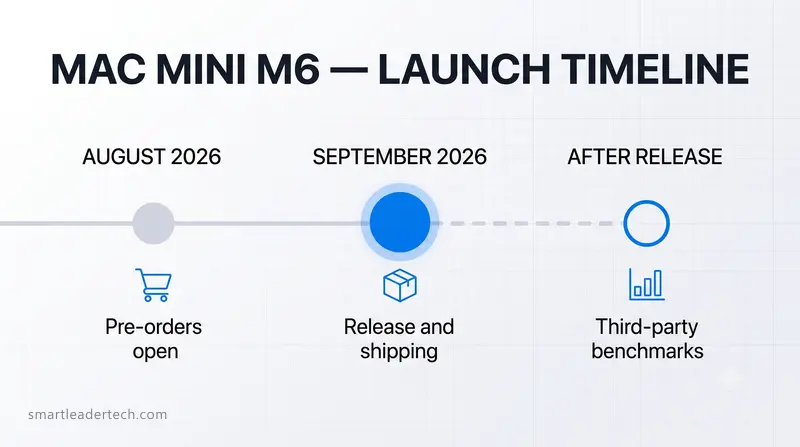 Three circular markers along a horizontal rail with the final segment dashed, a Mac mini M6 release date timeline