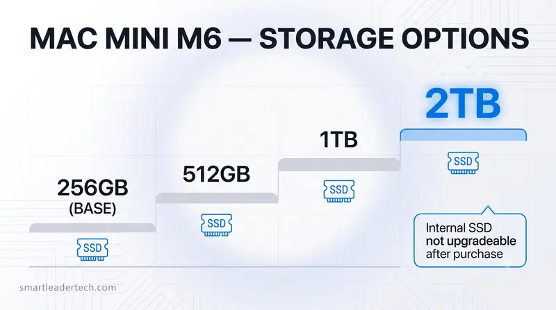 Four stepped blocks climbing left to right beside a not-upgradeable note, a Mac mini M6 storage options panel
